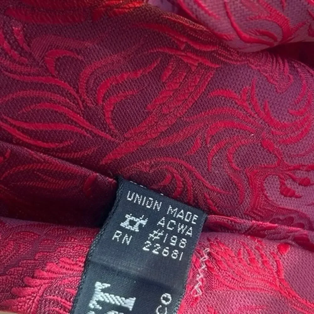Vtg Necktie ERNST SF Union wide burgundy/red brocade floral/dragon design
